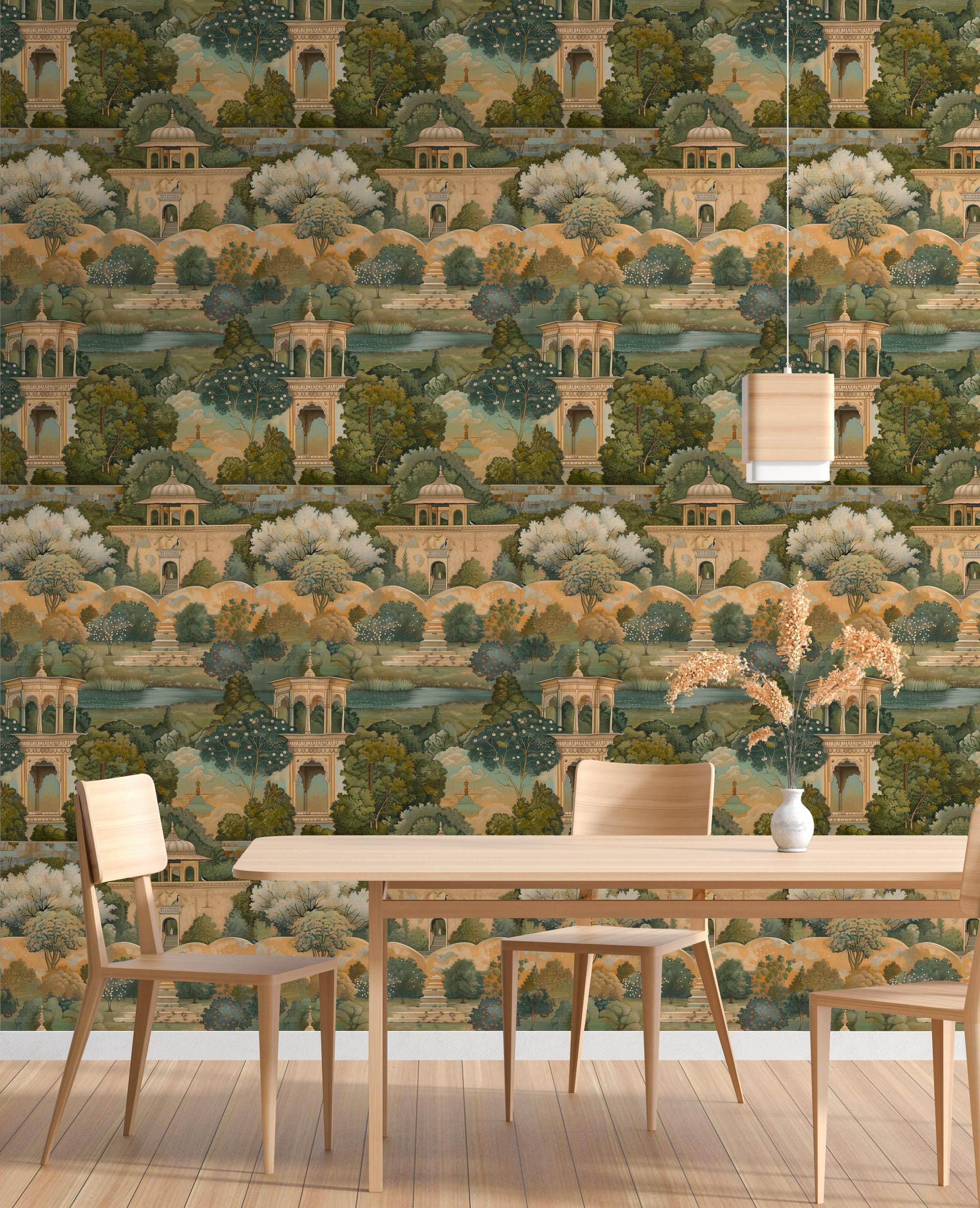 Vintage Garden Landscape Wallpaper; Classical Scenic Peel and Stick Wall Mural - View 4