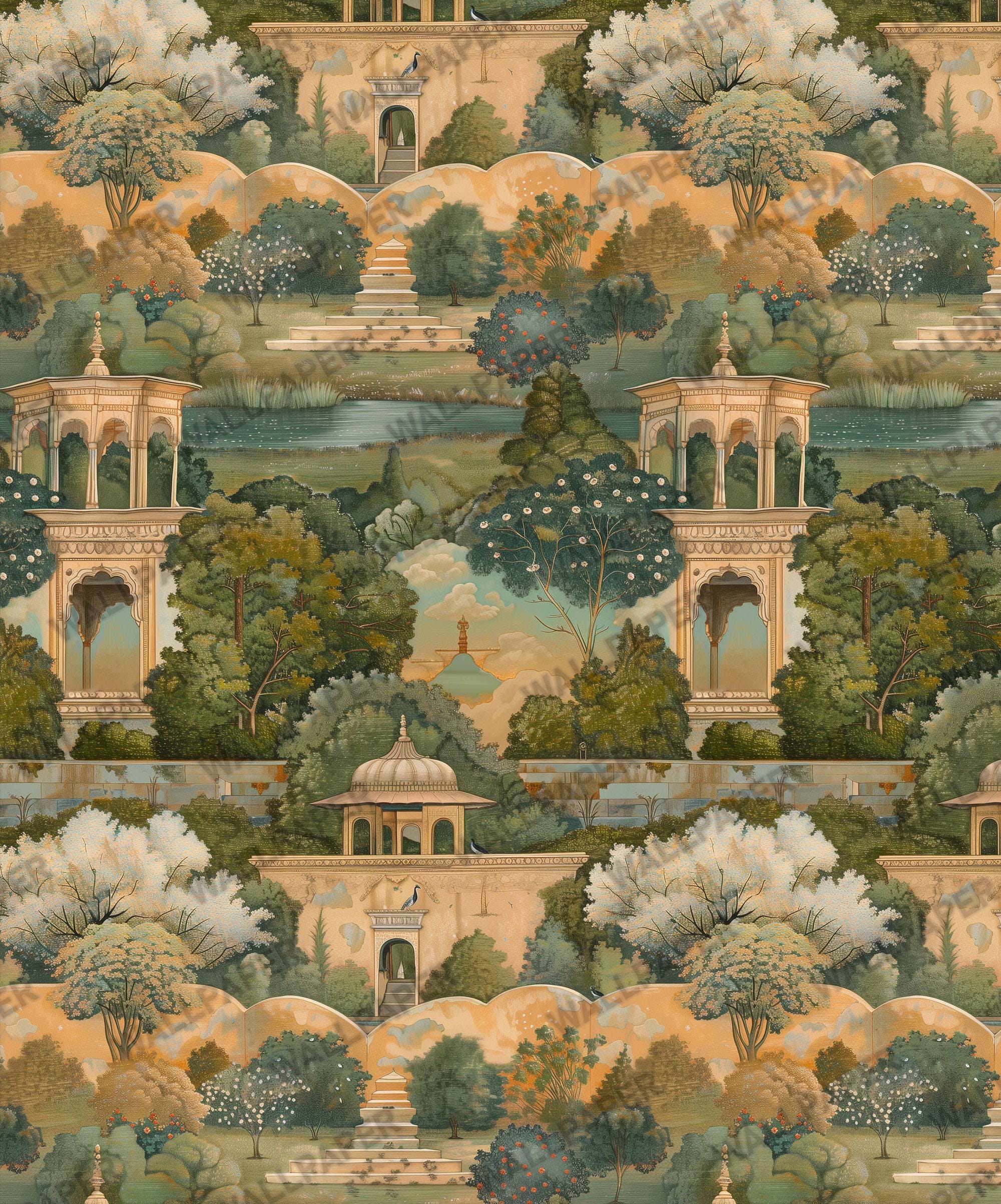 Vintage Garden Landscape Wallpaper; Classical Scenic Peel and Stick Wall Mural - View 6