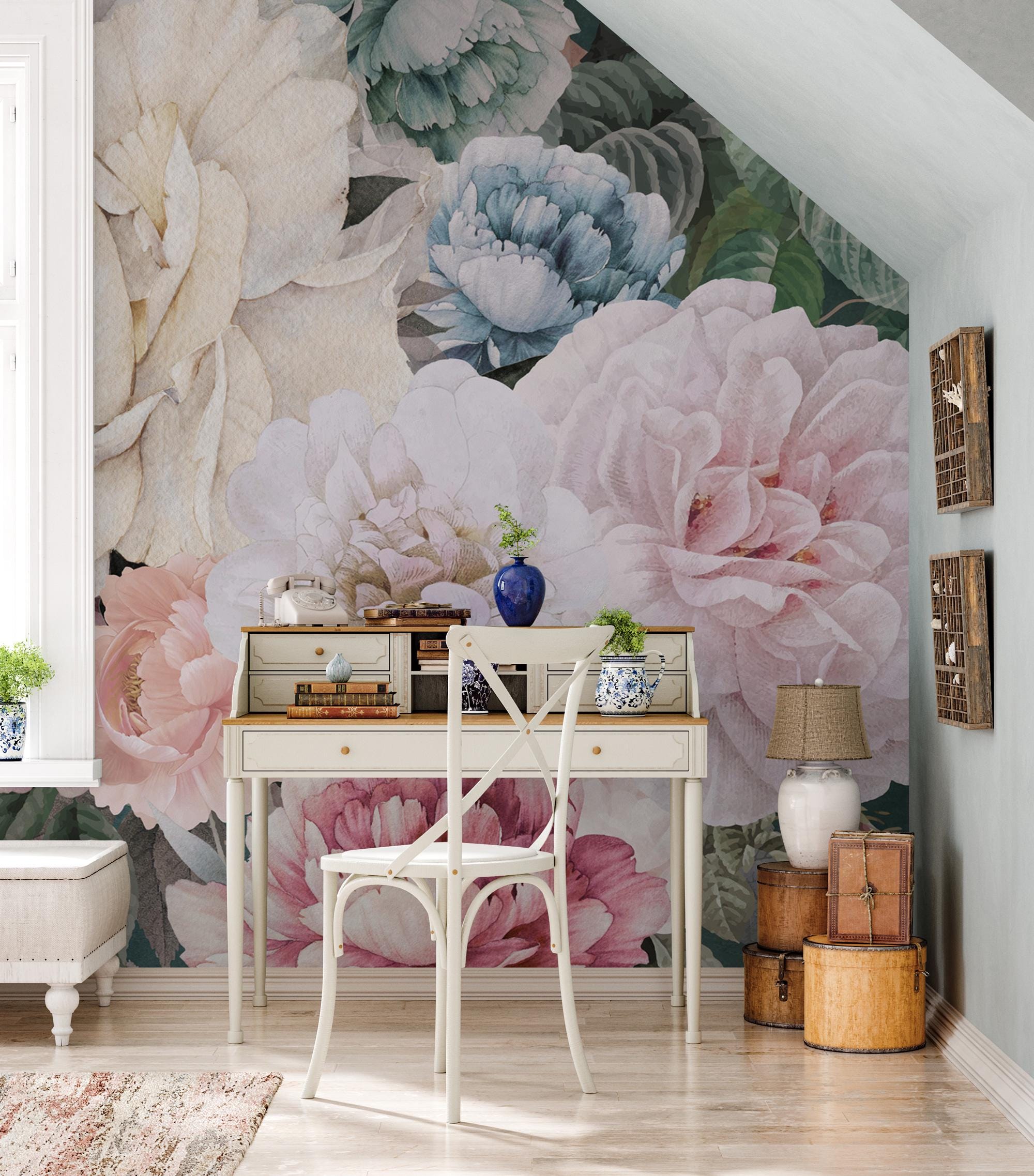 Romantic Peony Floral Wallpaper; Vintage Peel and Stick Wall Mural - View 4