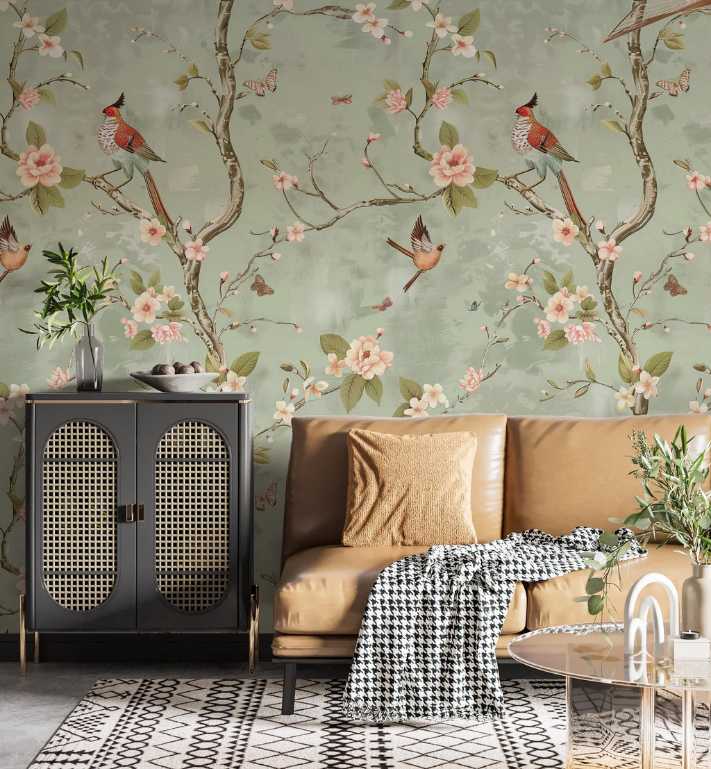 Vintage Chinoiserie Bird Floral Wallpaper: Sage Green Blossom Peel and Stick Wall Mural - View 2