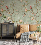 Vintage Chinoiserie Bird Floral Wallpaper: Sage Green Blossom Peel and Stick Wall Mural - View 2