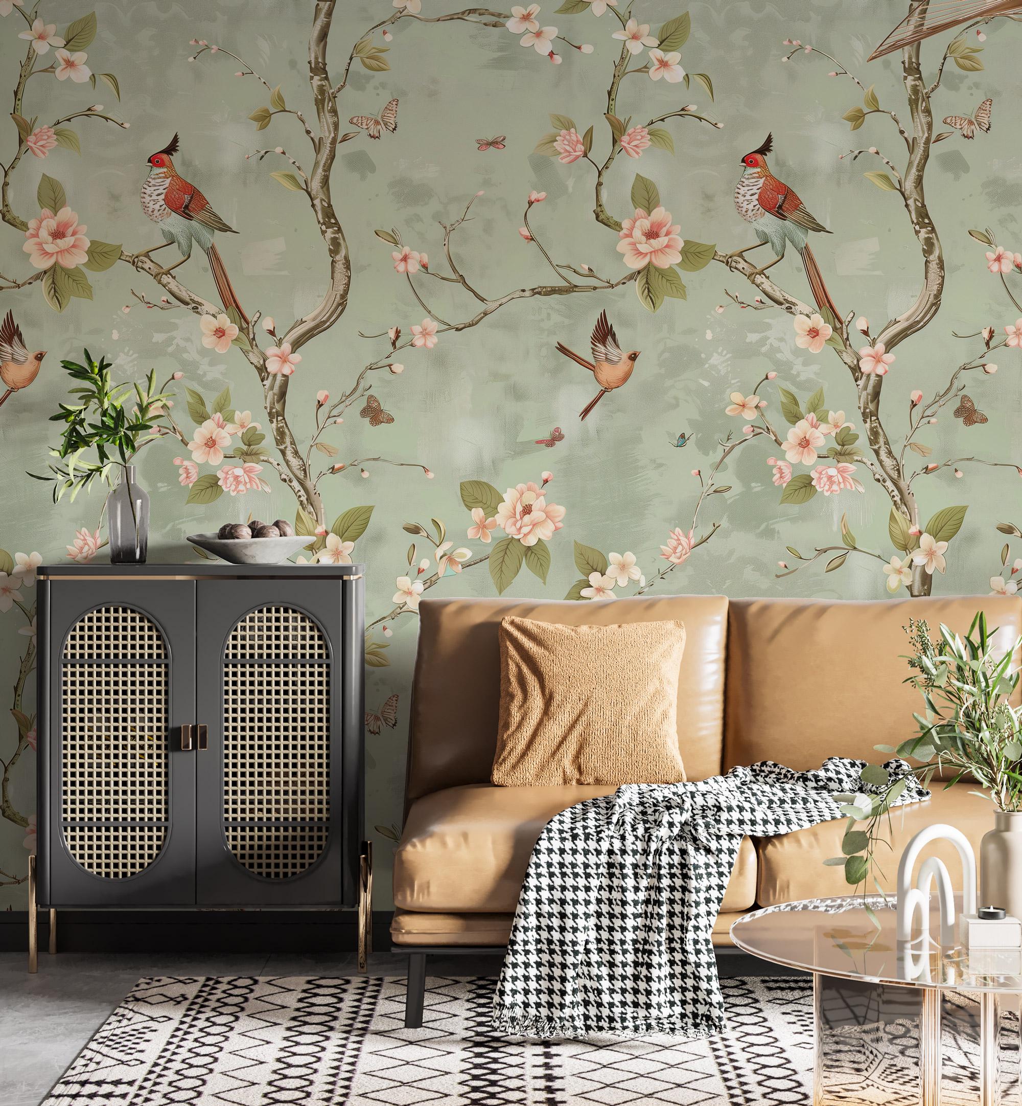 Vintage Chinoiserie Bird Floral Wallpaper: Sage Green Blossom Peel and Stick Wall Mural - View 2