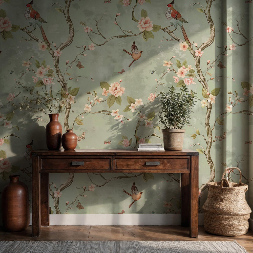 Vintage Chinoiserie Bird Floral Wallpaper: Sage Green Blossom Peel and Stick Wall Mural