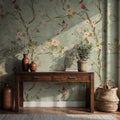 Vintage Chinoiserie Bird Floral Wallpaper: Sage Green Blossom Peel and Stick Wall Mural
