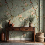 Vintage Chinoiserie Bird Floral Wallpaper: Sage Green Blossom Peel and Stick Wall Mural