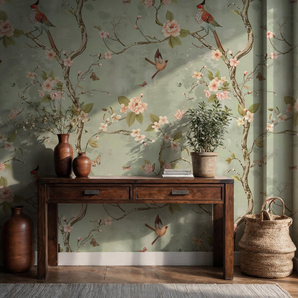 Vintage Chinoiserie Bird Floral Wallpaper: Sage Green Blossom Peel and Stick Wall Mural