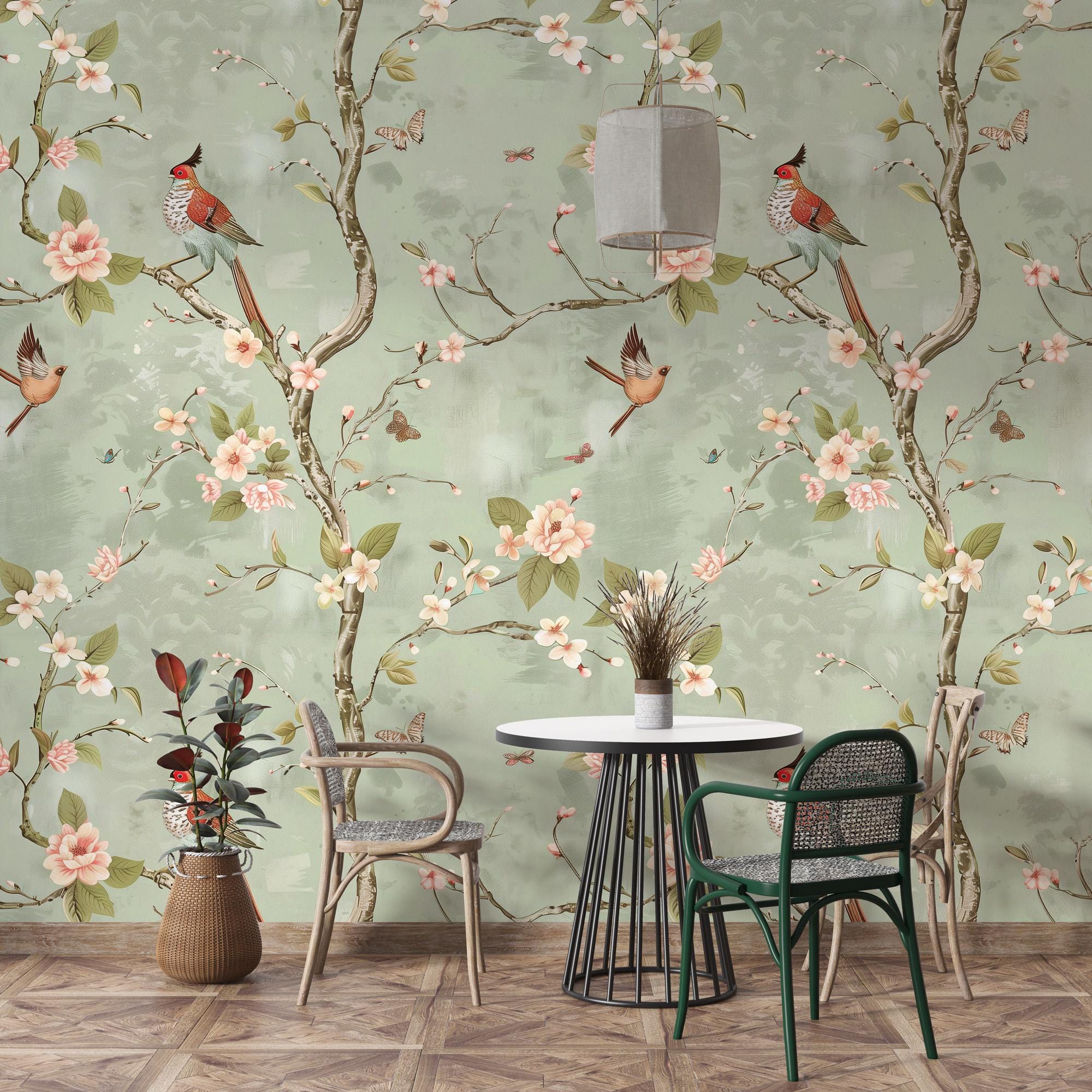Vintage Chinoiserie Bird Floral Wallpaper: Sage Green Blossom Peel and Stick Wall Mural - View 3