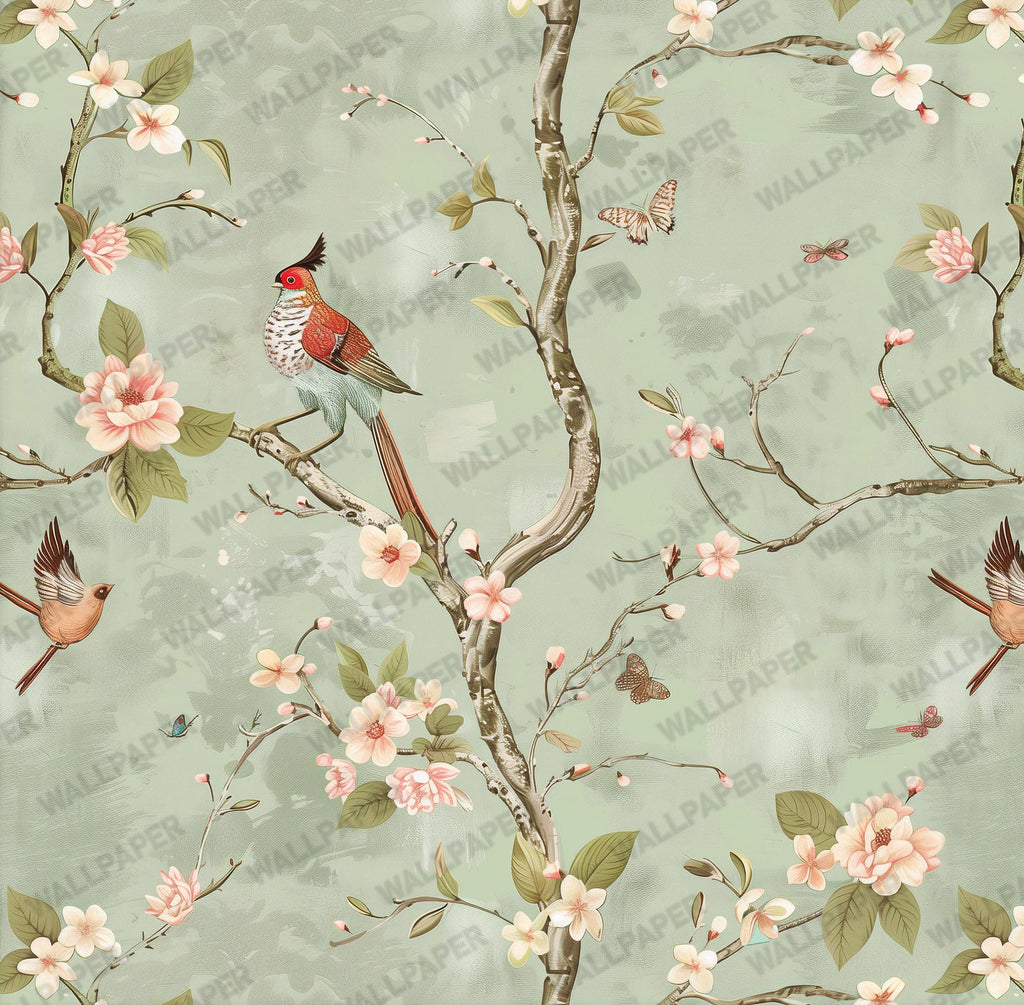 Vintage Chinoiserie Bird Floral Wallpaper: Sage Green Blossom Peel and Stick Wall Mural - View 7