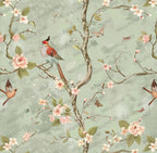 Vintage Chinoiserie Bird Floral Wallpaper: Sage Green Blossom Peel and Stick Wall Mural - View 7