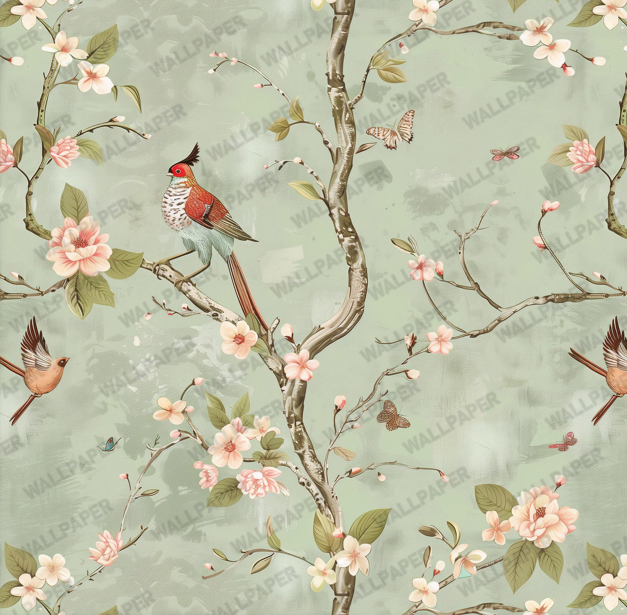 Vintage Chinoiserie Bird Floral Wallpaper: Sage Green Blossom Peel and Stick Wall Mural - View 7