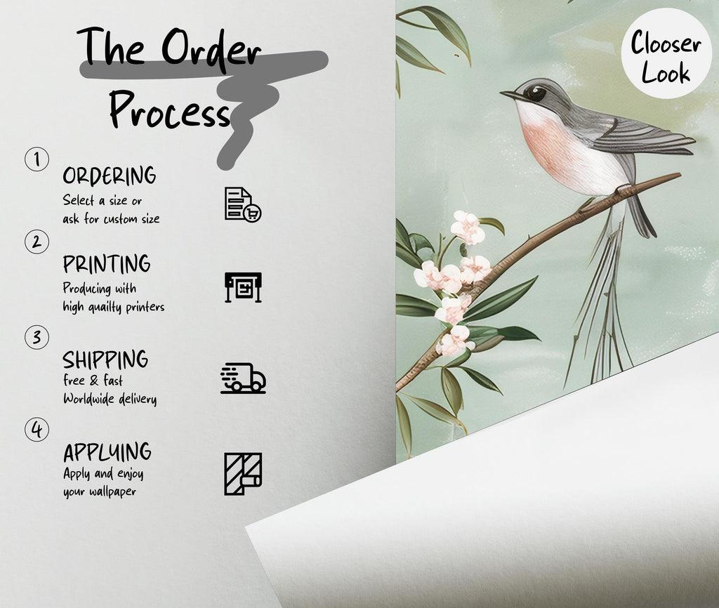 Sage Green Chinoiserie Bird Wallpaper: Cherry Blossom Branch Peel and Stick Wall Mural - View 6