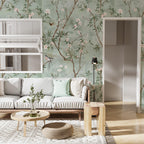 Sage Green Chinoiserie Bird Wallpaper: Cherry Blossom Branch Peel and Stick Wall Mural - View 4