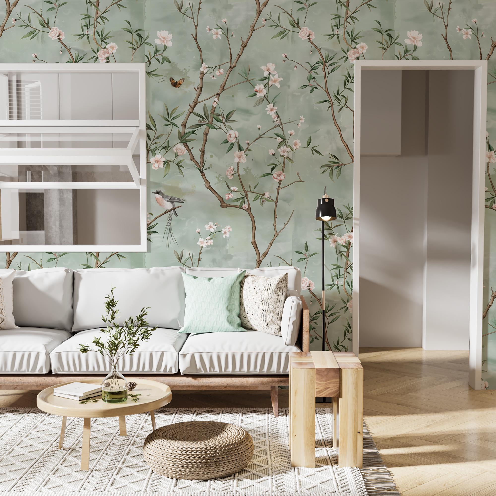 Sage Green Chinoiserie Bird Wallpaper: Cherry Blossom Branch Peel and Stick Wall Mural - View 4