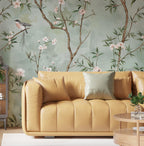 Sage Green Chinoiserie Bird Wallpaper: Cherry Blossom Branch Peel and Stick Wall Mural - View 2