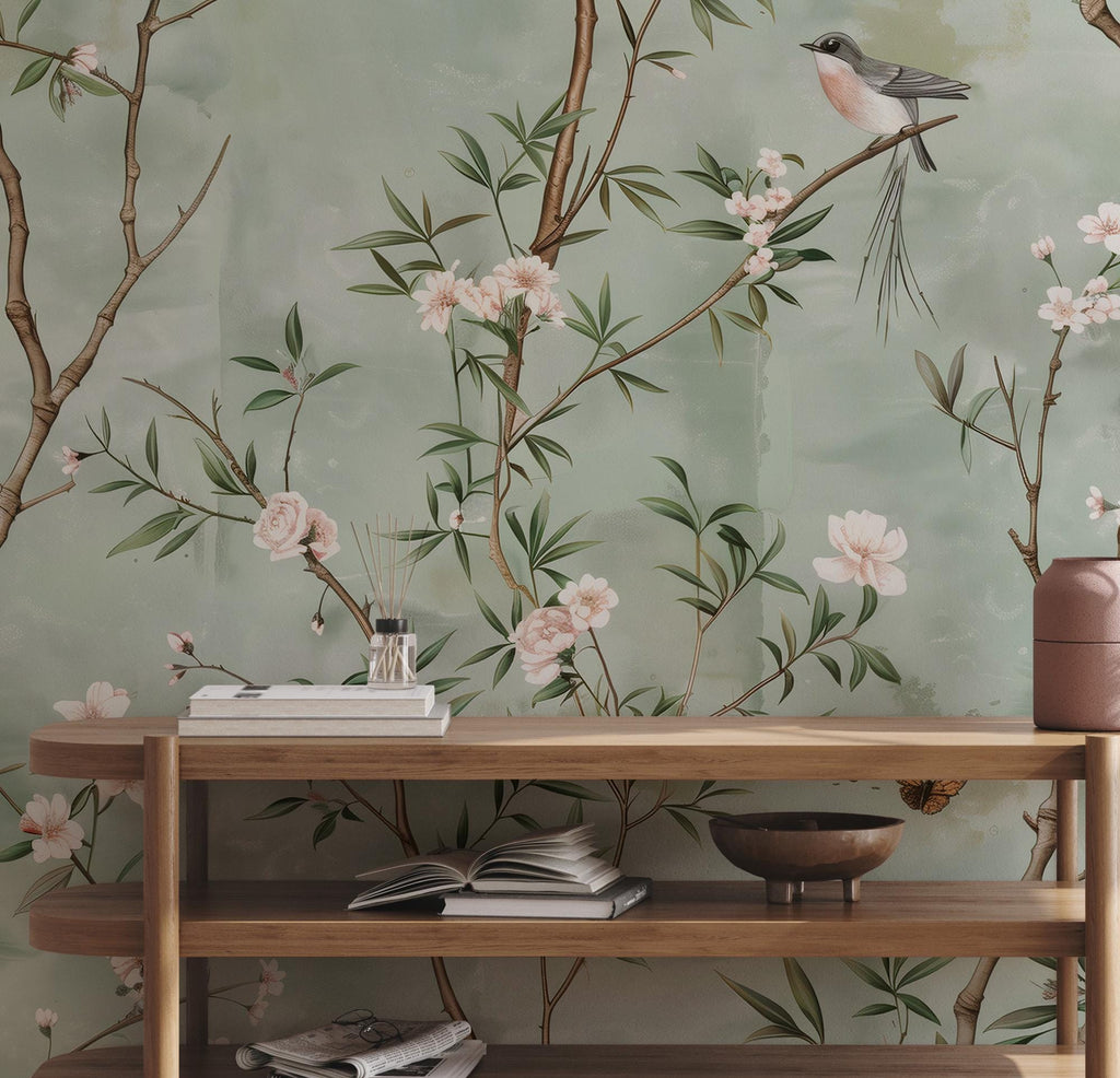 Sage Green Chinoiserie Bird Wallpaper: Cherry Blossom Branch Peel and Stick Wall Mural - View 3