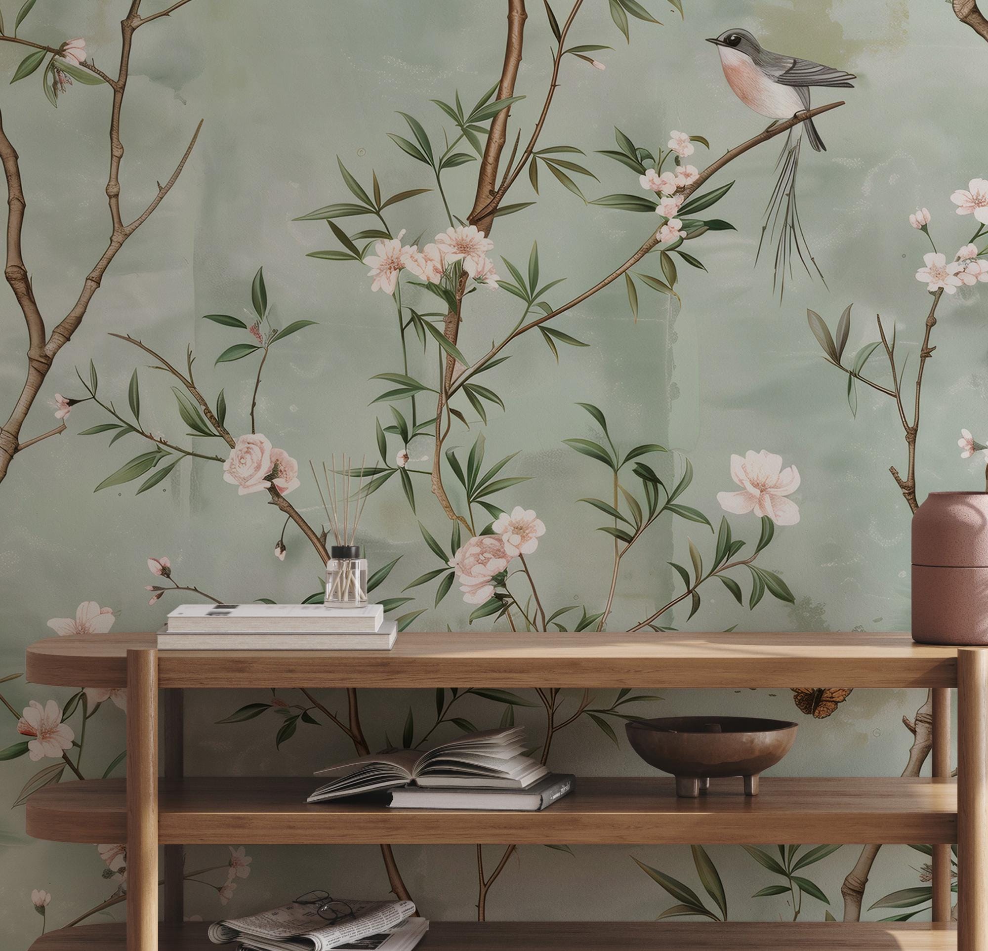 Sage Green Chinoiserie Bird Wallpaper: Cherry Blossom Branch Peel and Stick Wall Mural - View 3