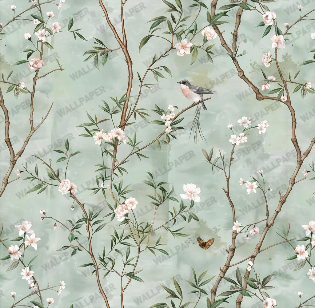 Sage Green Chinoiserie Bird Wallpaper: Cherry Blossom Branch Peel and Stick Wall Mural - View 7