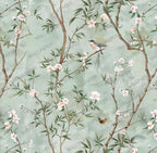 Sage Green Chinoiserie Bird Wallpaper: Cherry Blossom Branch Peel and Stick Wall Mural - View 7