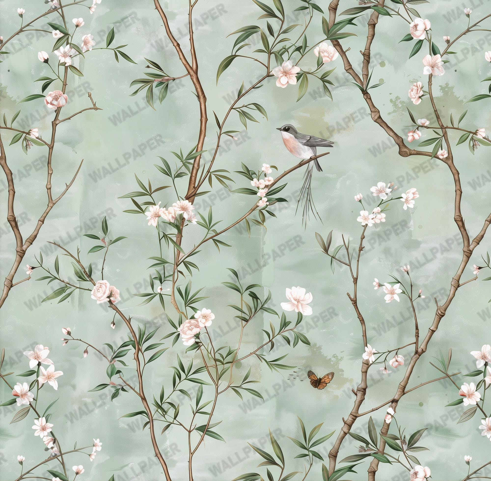 Sage Green Chinoiserie Bird Wallpaper: Cherry Blossom Branch Peel and Stick Wall Mural - View 7