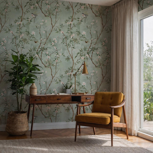 Sage Green Chinoiserie Bird Wallpaper: Cherry Blossom Branch Peel and Stick Wall Mural