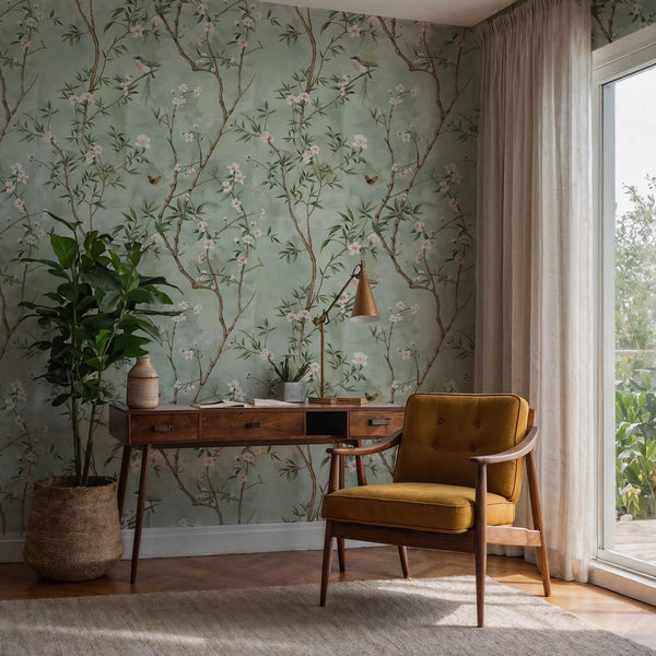 Sage Green Chinoiserie Bird Wallpaper: Cherry Blossom Branch Peel and Stick Wall Mural