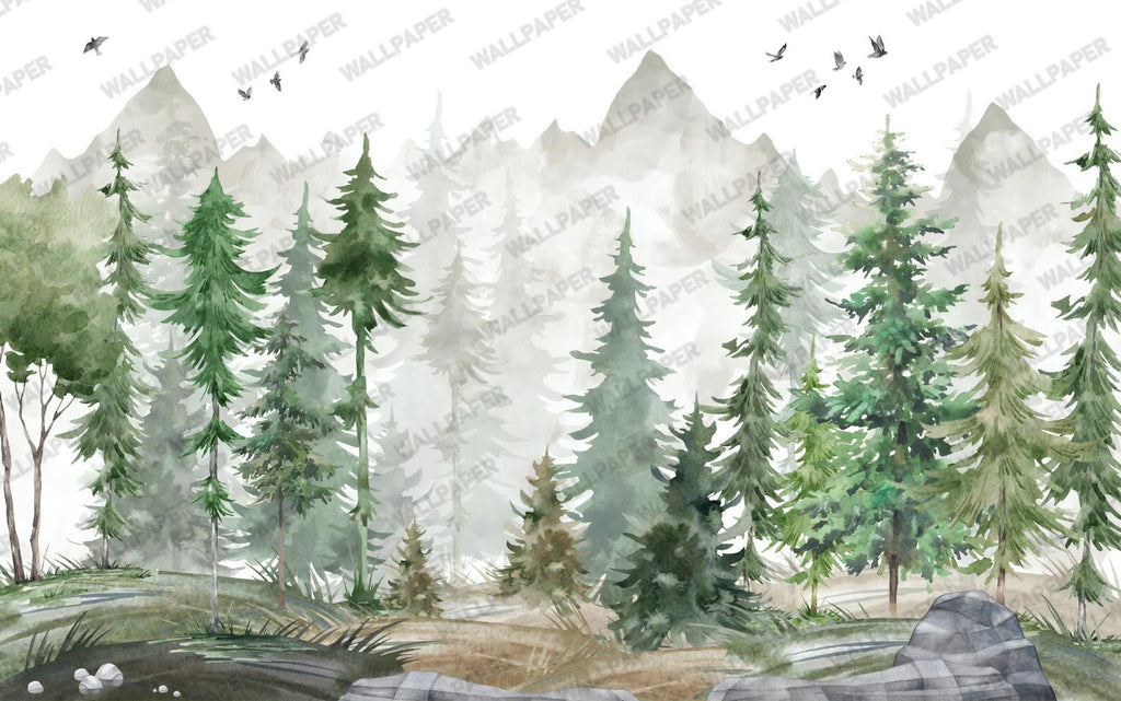 Forest Mountain Wallpaper: Kids Room Peel & Stick Wall Mural - View 3