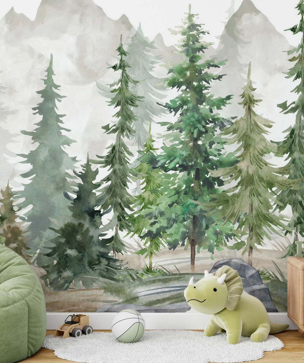 Forest Mountain Wallpaper: Kids Room Peel & Stick Wall Mural - View 2