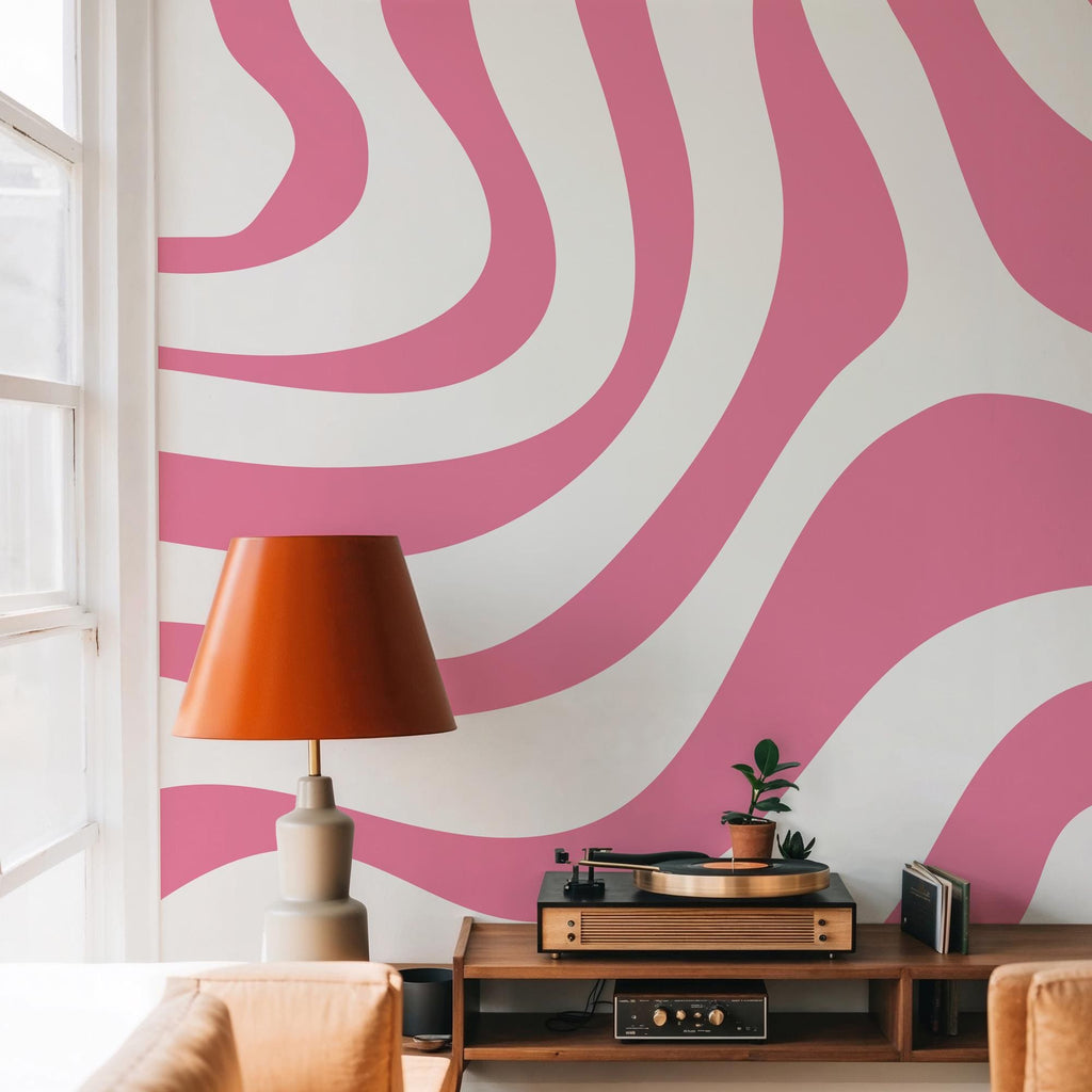 Pink Retro Geometric Wallpaper: Pink Color Peel and Stick Wall Mural - View 3