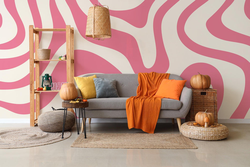 Pink Retro Geometric Wallpaper: Pink Color Peel and Stick Wall Mural - View 4