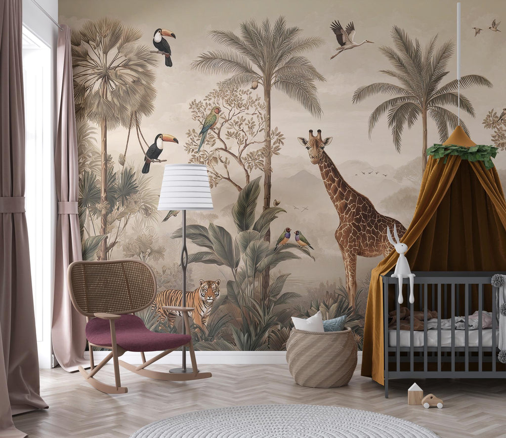 Vintage Safari Jungle Animals Wallpaper: Tropical Peel and Stick Wall Mural