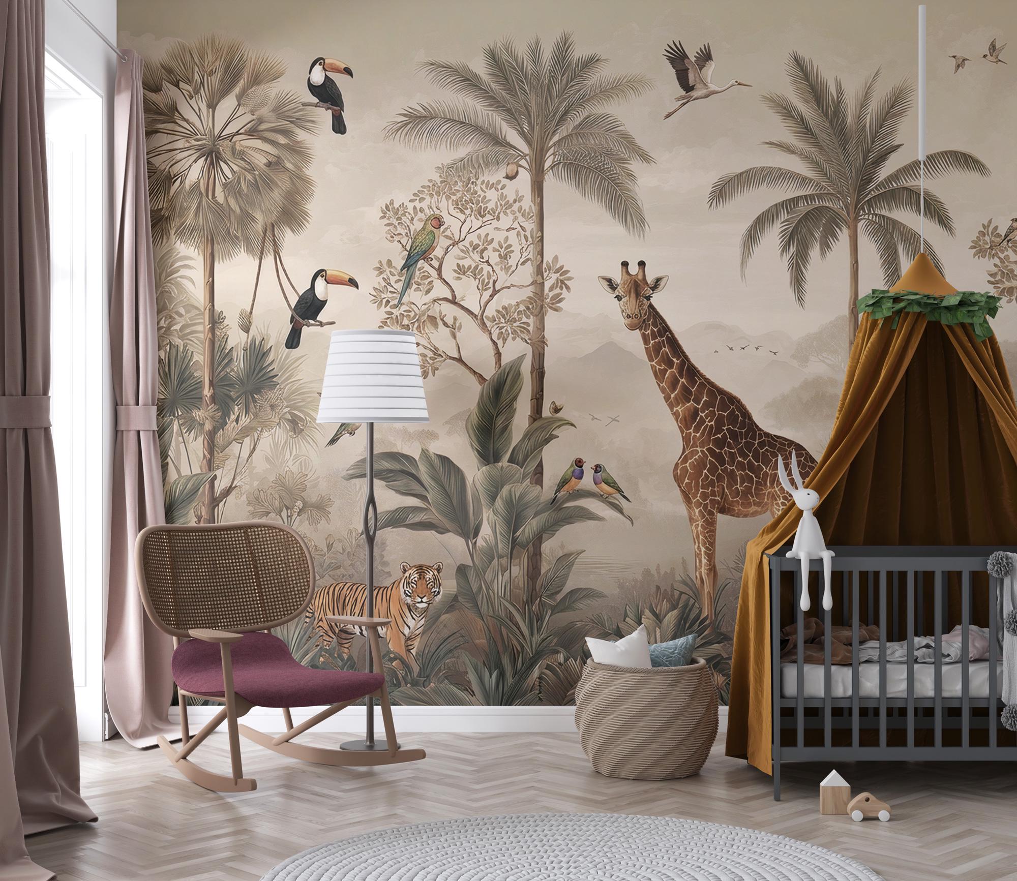 Vintage Safari Jungle Animals Wallpaper: Tropical Peel and Stick Wall Mural