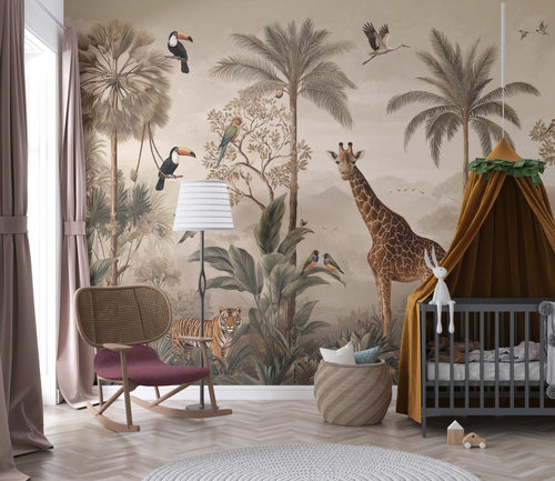 Vintage Safari Jungle Animals Wallpaper: Tropical Peel and Stick Wall Mural