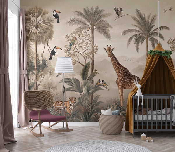 Vintage Safari Jungle Animals Wallpaper: Tropical Peel and Stick Wall Mural