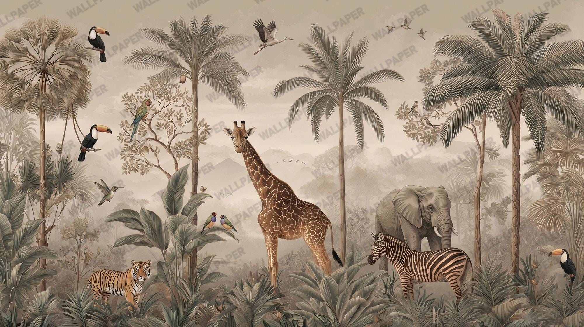 Vintage Safari Jungle Animals Wallpaper: Tropical Peel and Stick Wall Mural - View 6