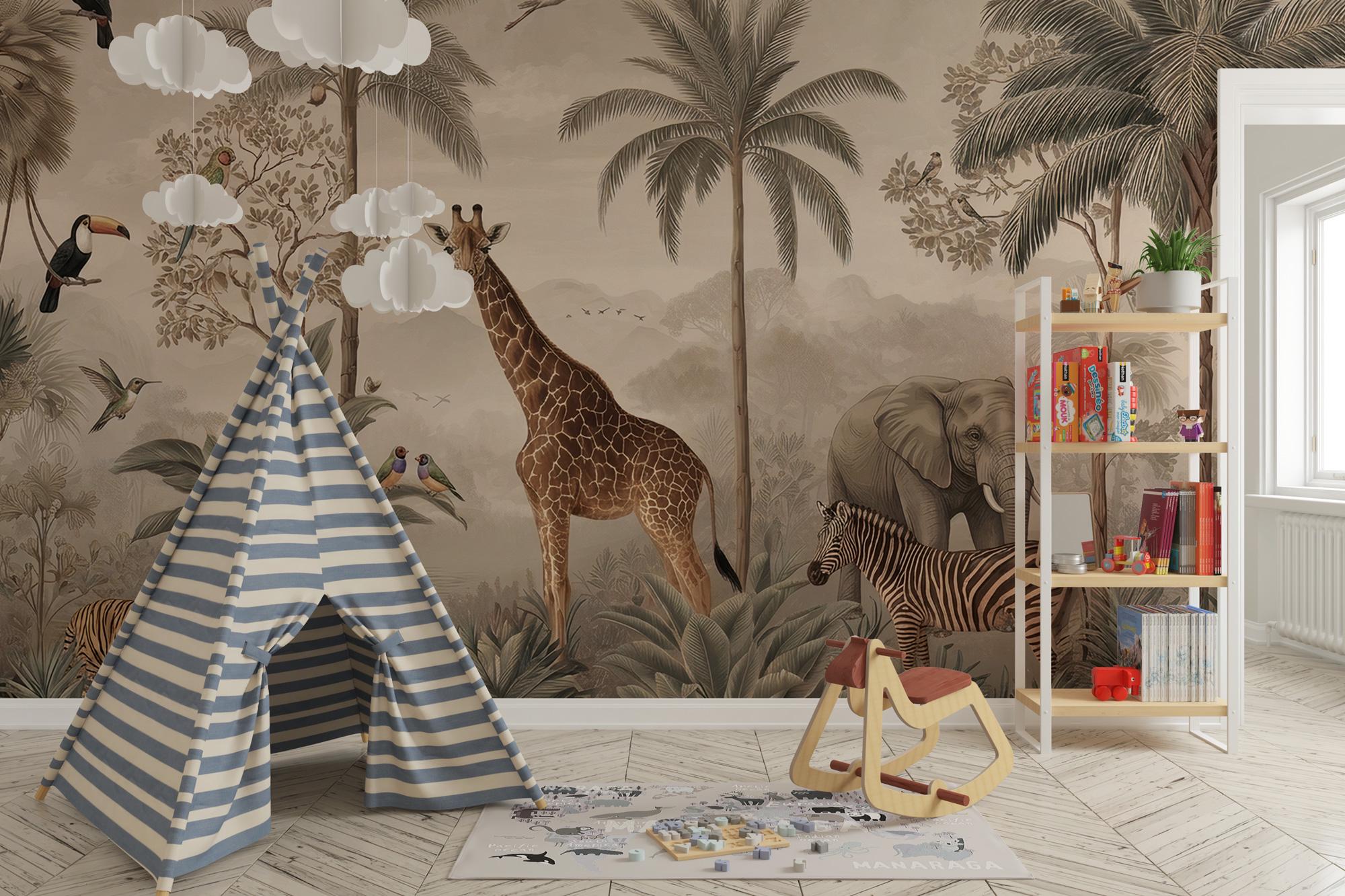 Vintage Safari Jungle Animals Wallpaper: Tropical Peel and Stick Wall Mural - View 2