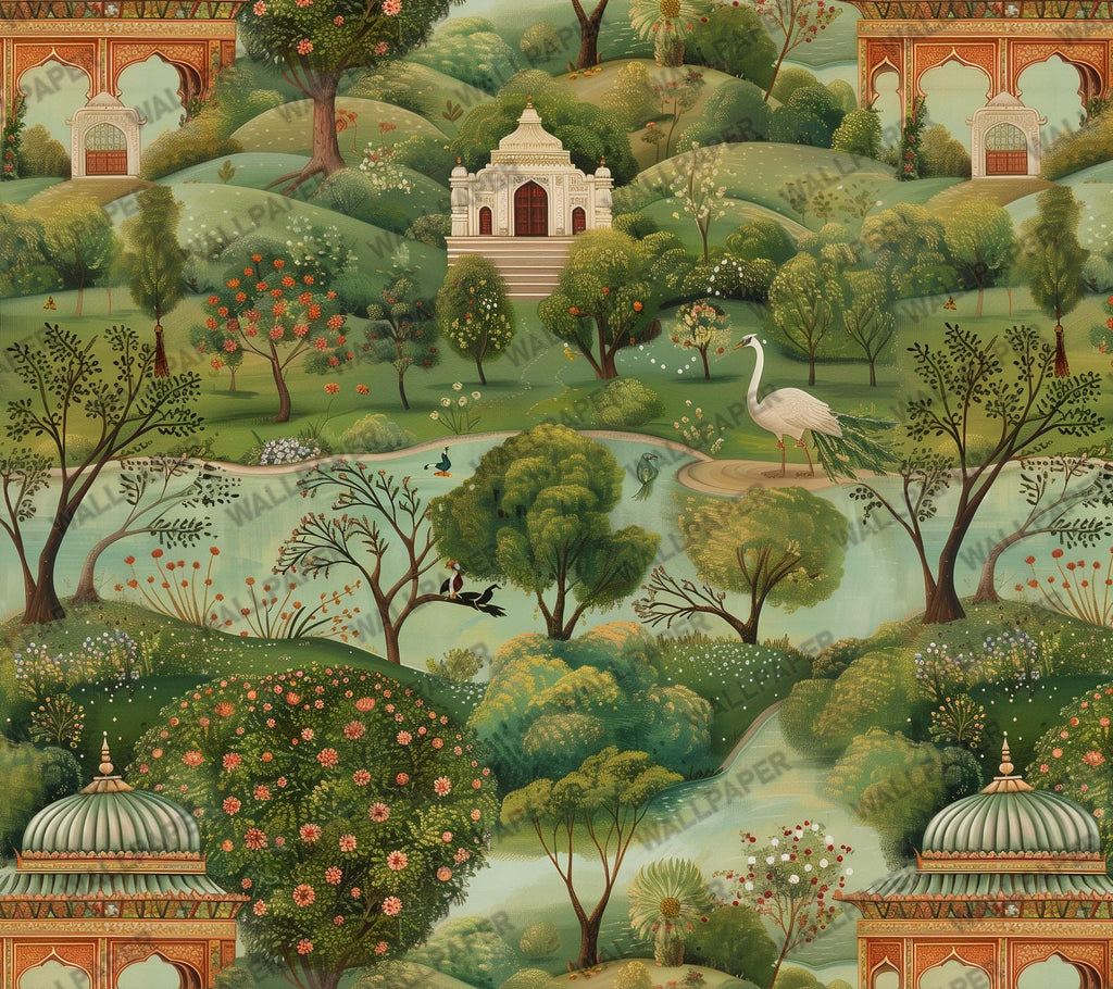 Mughal Garden Landscape Wallpaper: Vintage Botanical Peel and Stick Wall Mural - View 7