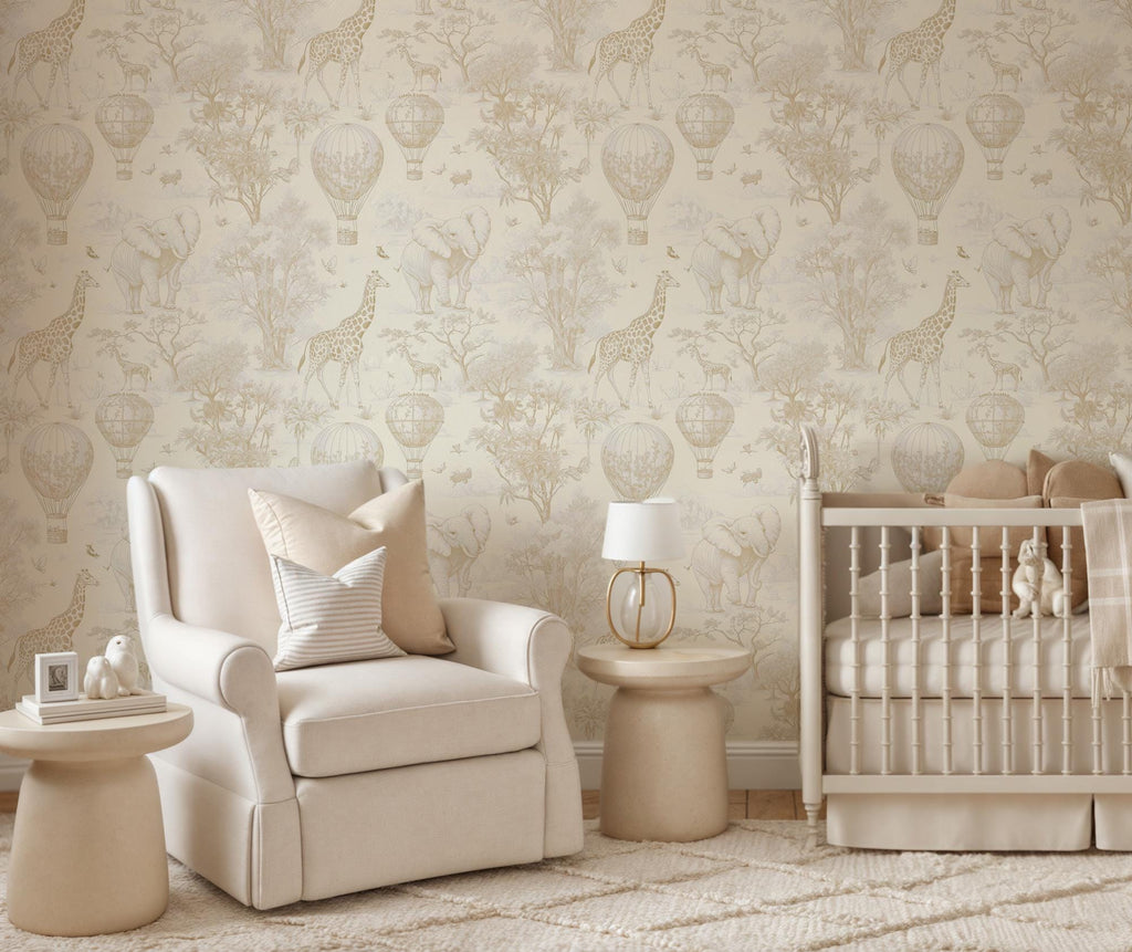 Light Brown Safari Toile Wallpaper: Kids Room Animal Wall Mural - View 3