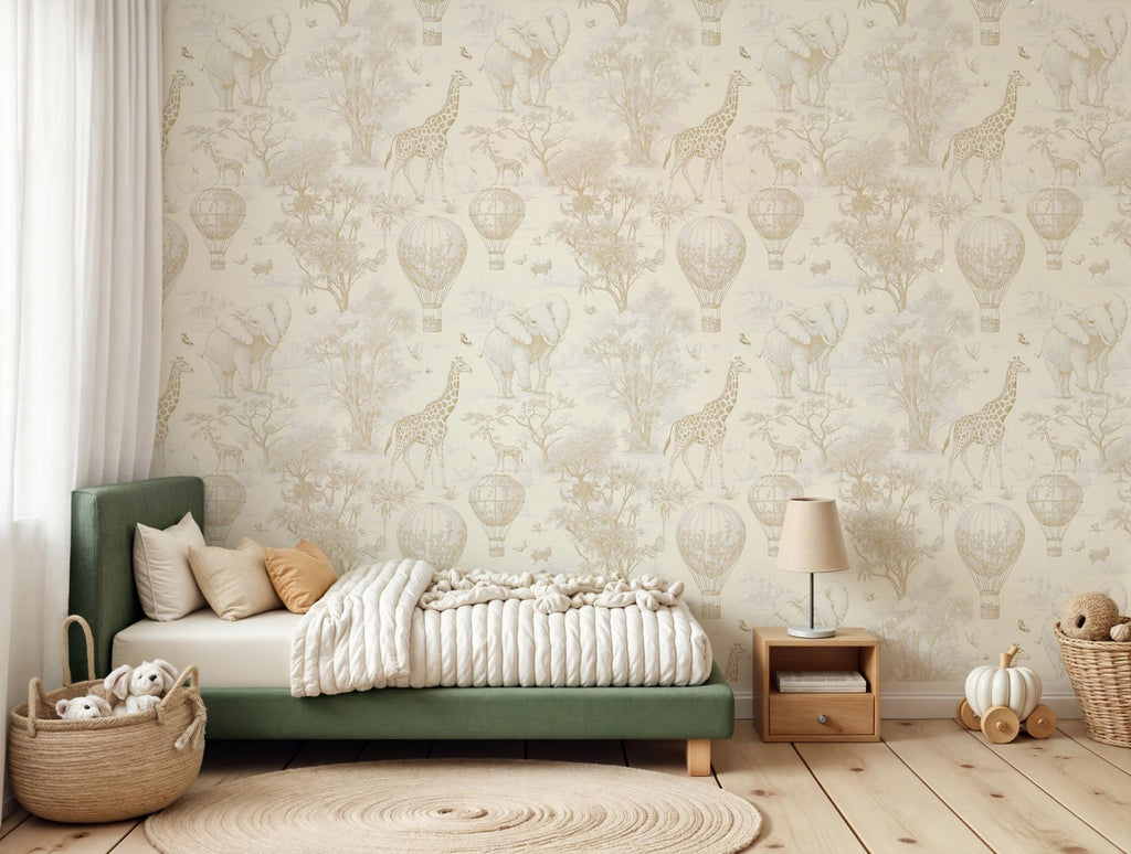 Light Brown Safari Toile Wallpaper: Kids Room Animal Wall Mural - View 4