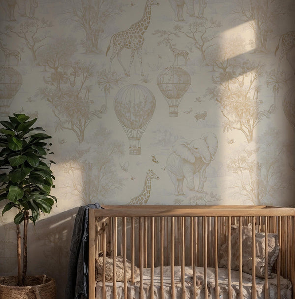Light Brown Safari Toile Wallpaper: Kids Room Animal Wall Mural