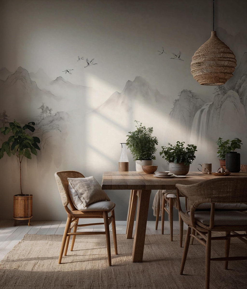 Asian Ink Wash Mountain Wallpaper: Peel and Stick Wall Mural - View 3