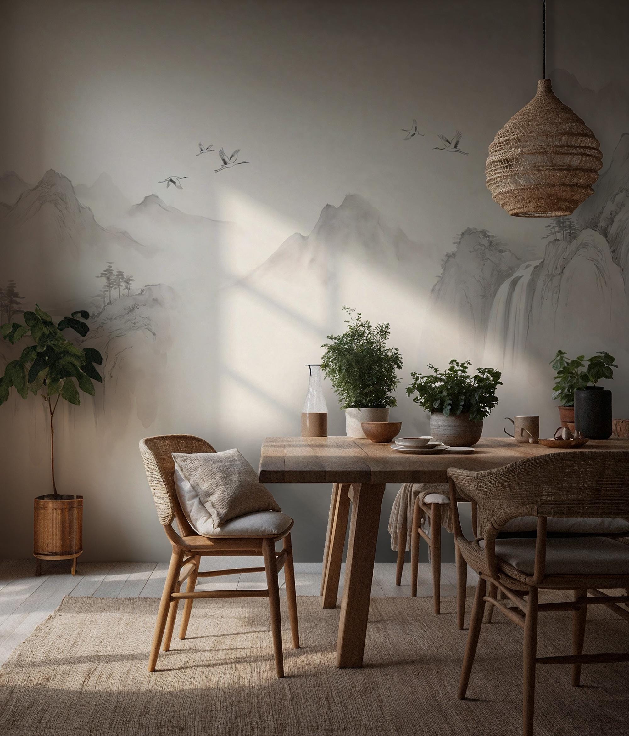 Asian Ink Wash Mountain Wallpaper: Peel and Stick Wall Mural - View 3