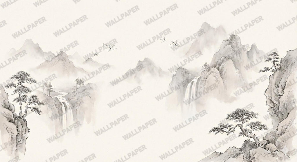 Asian Ink Wash Mountain Wallpaper: Peel and Stick Wall Mural - View 5