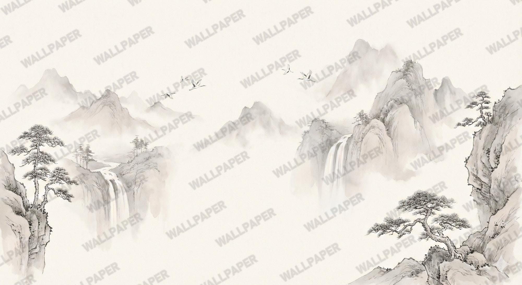 Asian Ink Wash Mountain Wallpaper: Peel and Stick Wall Mural - View 5