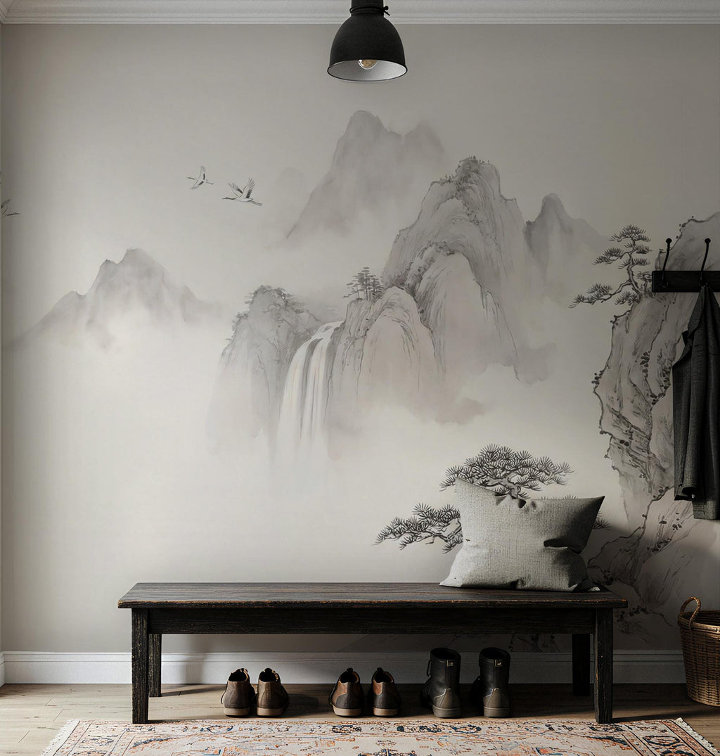 Asian Ink Wash Mountain Wallpaper: Peel and Stick Wall Mural