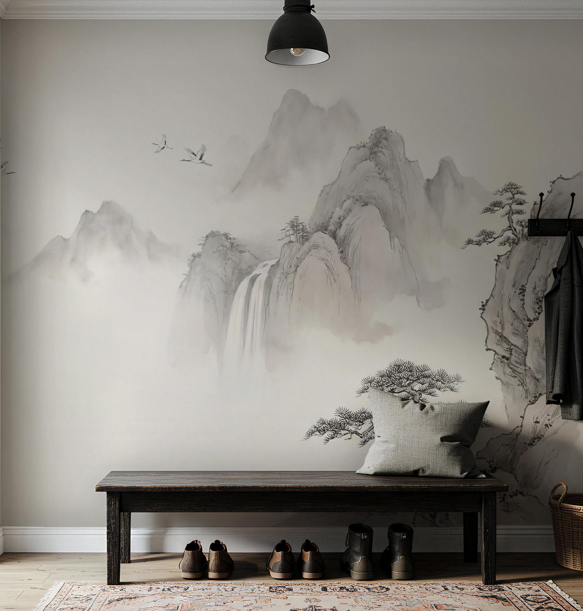 Asian Ink Wash Mountain Wallpaper: Peel and Stick Wall Mural