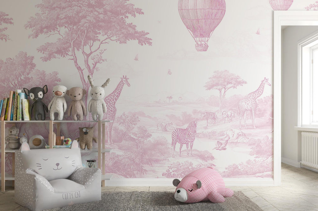Pink Safari Animals Toile Wallpaper: Peel and Stick Wall Mural - View 2