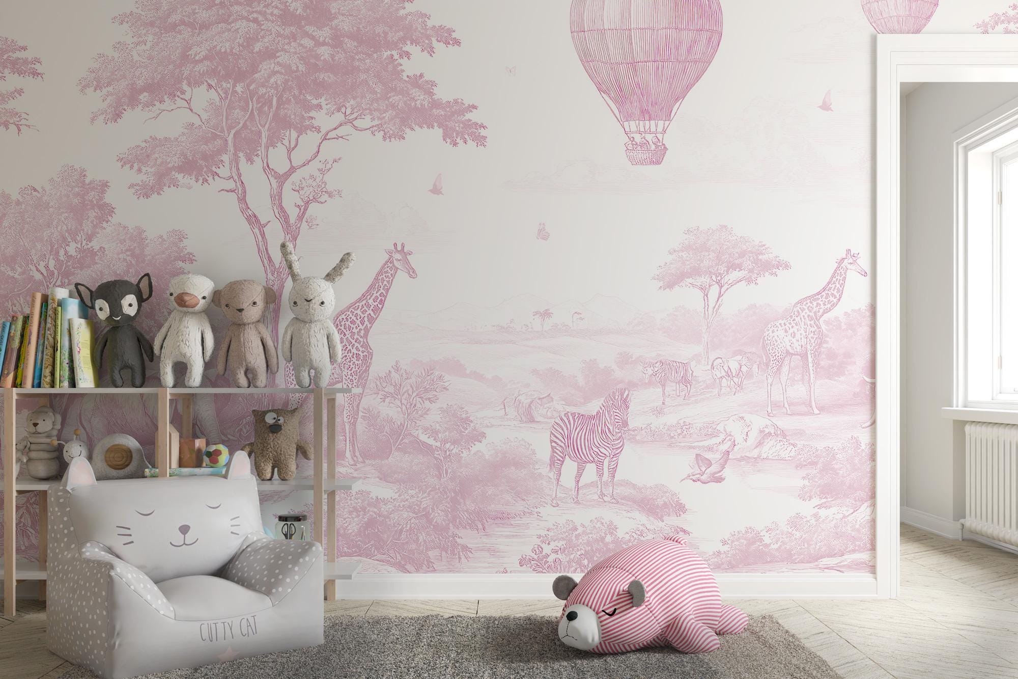 Pink Safari Animals Toile Wallpaper: Peel and Stick Wall Mural - View 2
