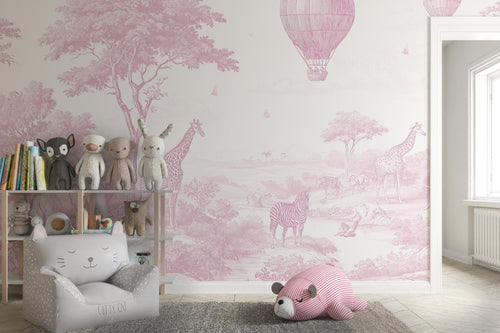 Pink Safari Animals Toile Wallpaper: Peel and Stick Wall Mural - View 2