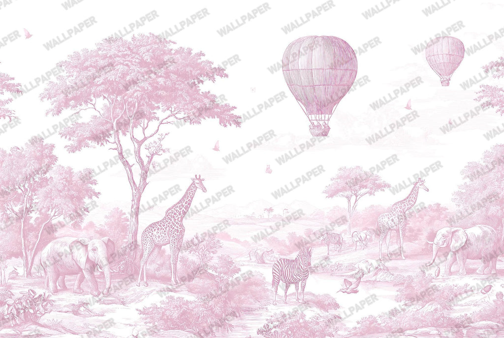 Pink Safari Animals Toile Wallpaper: Peel and Stick Wall Mural - View 6