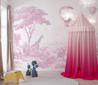 Pink Safari Animals Toile Wallpaper: Peel and Stick Wall Mural - View 4